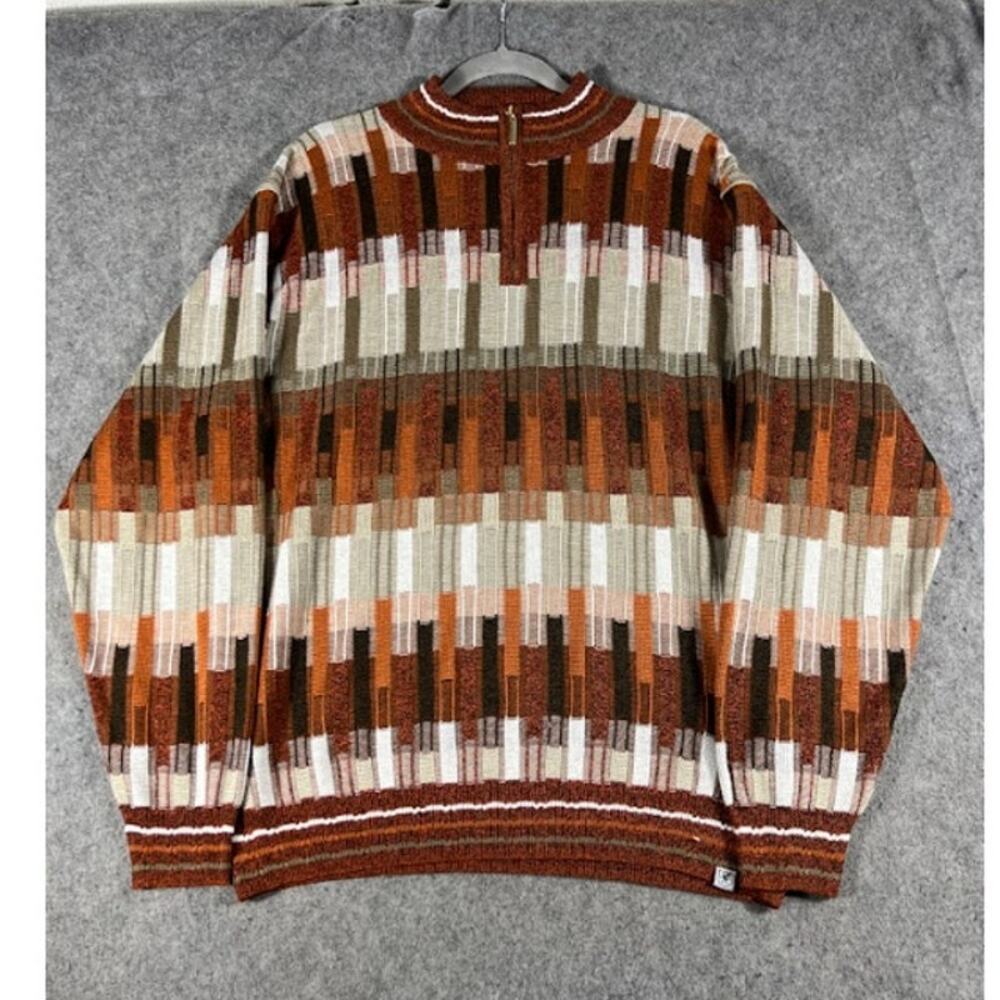 Stacy Adams Geometric Coogi Sweater Mens XL Earth Tone 1/4 Zip Striped Grandpa